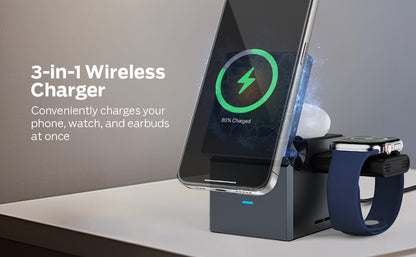 URBN Wireless Charger 3-in-1 MagSafe Charging Stand | Foldable Charger for Apple iWatch, AirPods, iPhone 16/16 Pro/16 Plus/15/15 Pro Max & Qi-Compatible Smartphones | Qube Design